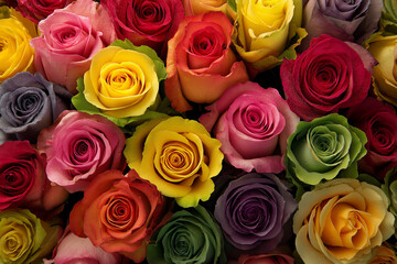 Naklejka premium a bouquet of roses in various colors, including reds, pinks, yellows, and oranges, is displayed on the background.