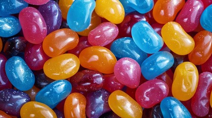 A dense cluster of colorful jelly beans with a smooth shiny texture filling the frame