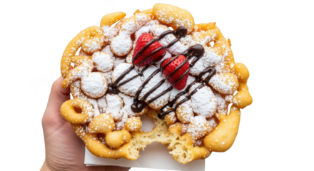 Delicious funnel cake with strawberries and whipped cream isolated on transparent background