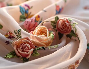 Delicate embroidered roses on flowing fabric