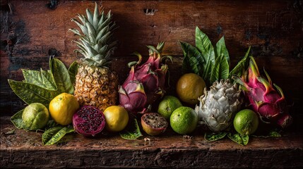 Vibrant Tropical Fruits Still Life on Dark Wood