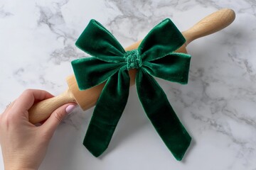Wooden rolling pin with green velvet bow on marble surface