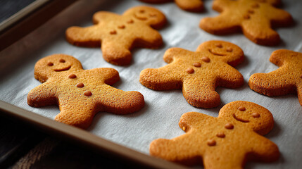 A close-up view of freshly baked gingerbread cookies on a baking sheet.