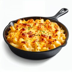 Golden, bubbling macaroni and cheese in a cast iron pan on white background