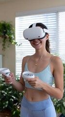 Young adult hispanic female engaging with virtual reality headset in bright living room