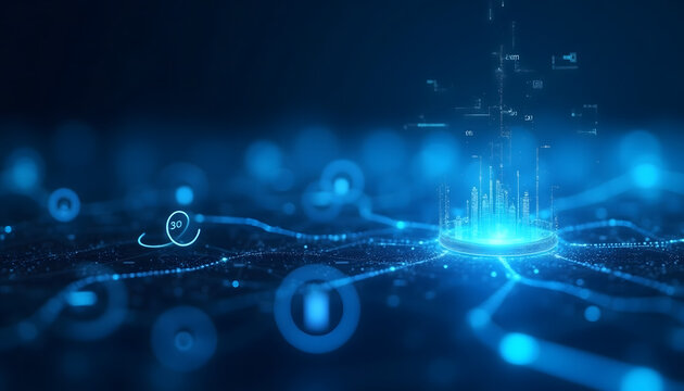 Futuristic digital city with glowing AI and data network