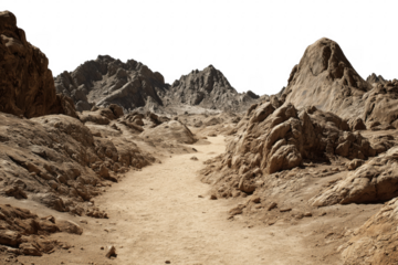Realistic 3d render of a desert landscape with rocky mountains and sand path transparent