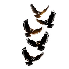 Five stylized owls in flight, dark background, golden outline, mystical mood, vector illustration.
