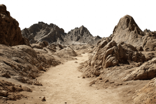 Realistic 3d render of a desert landscape with rocky mountains and sand path transparent