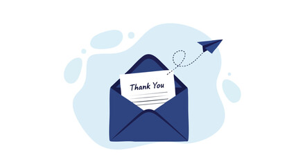 Express your gratitude with a heartfelt 'Thank You' note delivered by a playful paper airplane flying from an open envelope