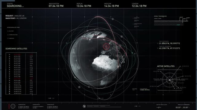 Loading computer user interface. Inspecting the data recovered during a recent satellite analysis. Suspicious activity was detected by the spacecraft over the United Kingdom. Main point London. - Powered by Adobe