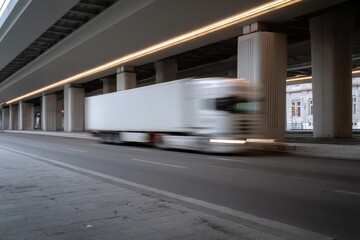 White truck in motion on urban road under elevated structure