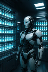 Cybernetic Sentinel: A futuristic robot, standing within a clinical laboratory setting, contemplates its surroundings, bathed in the cool glow of scientific instruments.