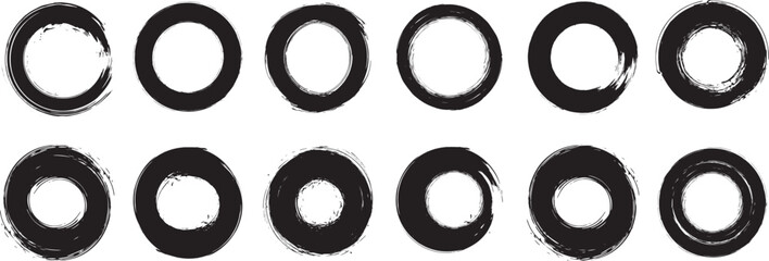 Set of black grunge rectangles circles shapes on a white background. Paint brush stamp collection.Vintage grunge boxes for collage, text, banner, sticker, poster design.Grunge round shape