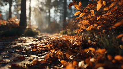 Obraz premium Autumn Sunlight in a Forest: Golden Hour Light on Brown and Orange Leaves