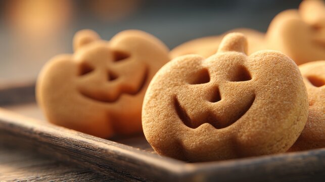 Deliciously Crafted Halloween Pumpkin Cookies with Smiling Faces on a Rustic Wooden Tray