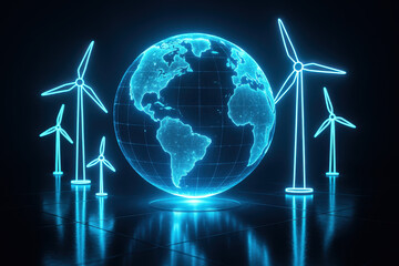 Sustainable Future: A digital illustration showcases a globe, embraced by wind turbines, symbolizing the global shift toward eco-friendly energy solutions.
