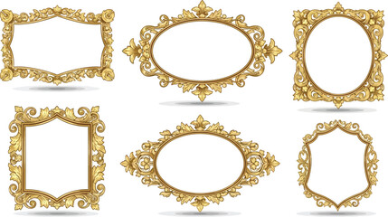 Obraz premium Collection of six ornate golden frames with different shapes on a white background illustration