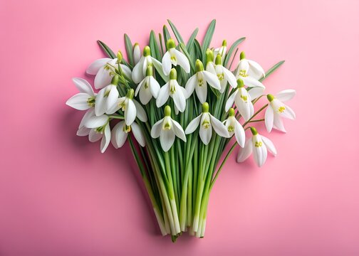 Bouquet of delicate white snowdrop flowers with green stems arranged on a vibrant pink background - Powered by Adobe