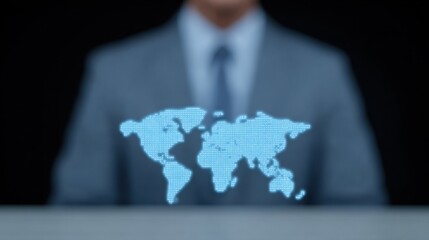 Lawyer engaged in modern legal research at computer with digital world map overlay illuminating workspace. Love Your Lawyer Day