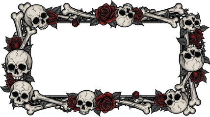 Rectangular frame adorned with skulls bones and dark red roses on a white background graphic design