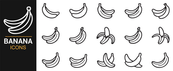 Obraz premium Tropical fruit banana icons vector collection outline peeled bunch designs