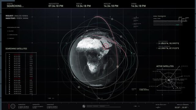 Loading a Piece of Modern Satellite Location Tracking Software. Receiving Strange Signals Coming from Sanaa, Yemen. Getting a Detailed Data Reading. Checking the Coordinates. User Interface. - Powered by Adobe