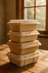 Stacked Biodegradable Takeaway Containers: Eco-friendly takeaway containers stacked on a wooden table in soft sunlight, symbolizing sustainable food choices and environmental responsibility. 