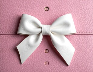 Close-up of a pink leatherette bag with a white bow