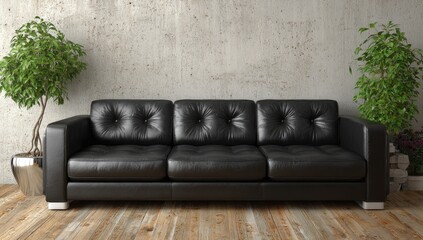 A modern, minimalist living room features a sophisticated black leather sofa, set against a textured concrete wall, with a touch of greenery.