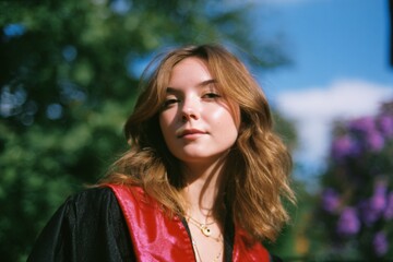 Young caucasian female graduate in outdoor setting with red gown