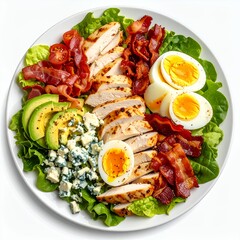 Delicious cobb salad presented on white background, a balanced nutritional dish
