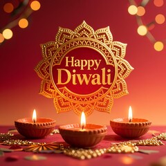 Photorealistic Diwali composition with deep red gradient, textured golden mandala patterns, hanging clay diyas, elegant cursive 'Happy Diwali', soft light effects, festive theme
