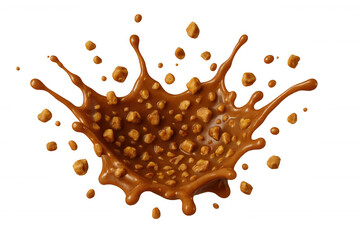 Caramel dessert sauce liquid splash with toffee crunch candy pieces exploding, transparent background