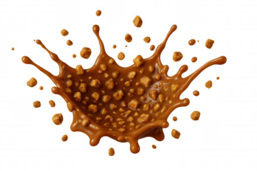 Caramel dessert sauce liquid splash with toffee crunch candy pieces exploding, transparent background