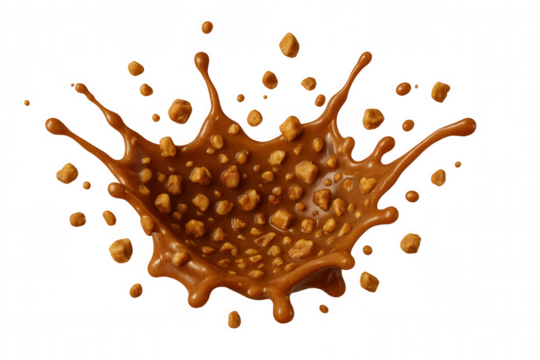 Caramel dessert sauce liquid splash with toffee crunch candy pieces exploding, transparent background