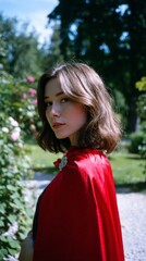 Young caucasian female in red cape standing outdoors in lush garden setting