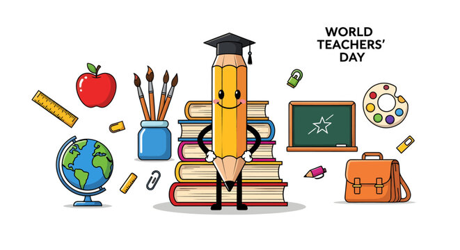 World Teachers' Day celebration with a cute pencil character, books, and various school supplies on a white background.