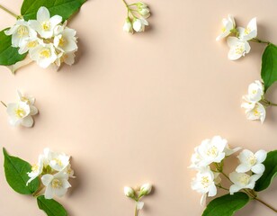 Delicate jasmine flowers arranged in a circle on a pale peach background