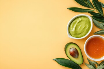 Fresh avocado with honey and natural skincare ingredients