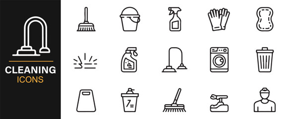 Janitorial cleaning icons set outline style vector mop brush bucket designs
