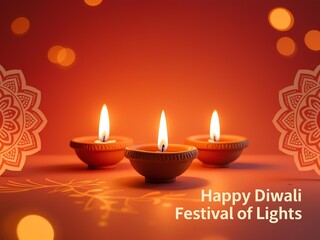 Three lit earthen diyas with flames on an orange-red gradient background, mandala patterns on sides, subtle bokeh, 'Happy Diwali' text, warm tones, photo-realistic