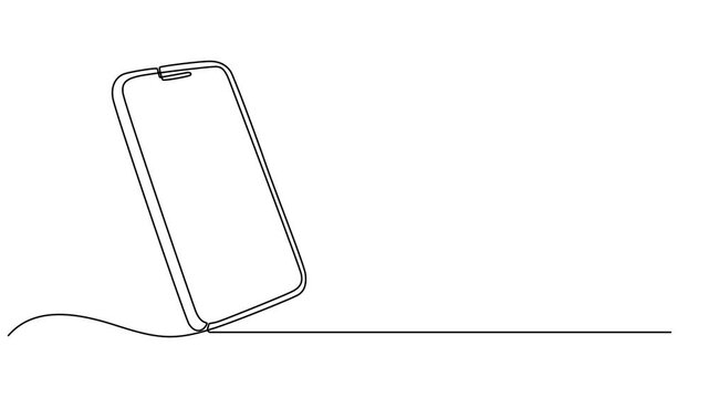 smartphone continuous one line drawing animation, Self drawing animation of smartphone drawn by one continuous line. Animated single line cell phone, Social network post mockup. Wireframe design.