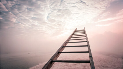 Obraz premium Step ladder leading to clouds . Growth, future, development concept. Minimal pink compostition.
