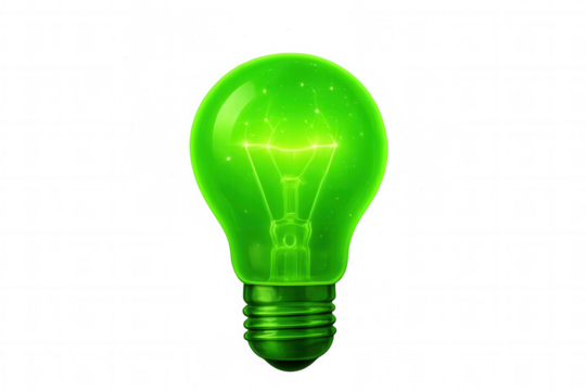 Green lightbulb illuminating, symbolizing sustainable energy, eco-friendly ideas, and environmental conservation, transparent background