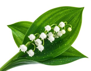 Delicate lily of the valley sprig on vibrant green leaves