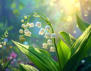 Delicate lily of the valley blossoms in dewy sunlight