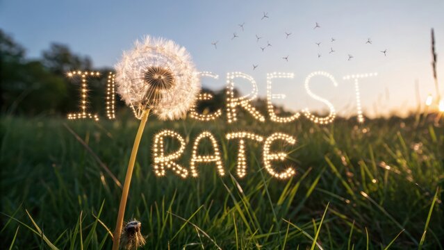 Dandelion Puff with Illuminated Text 'Interest Rate' in Beautiful Sunset over Green Grass, Symbolizing Finance and Growth