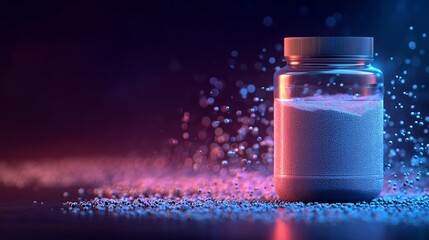Creatine jar with energy particles around, abstract neon background, futuristic fitness concept
