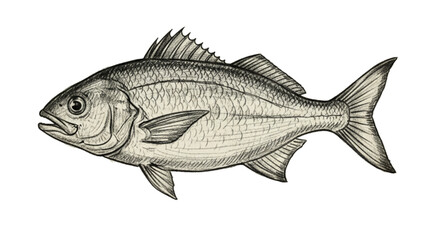 Obraz premium Vintage engraved illustration of a realistic fish with fins and scales isolated on white background, detailed hand-drawn marine life artwork 